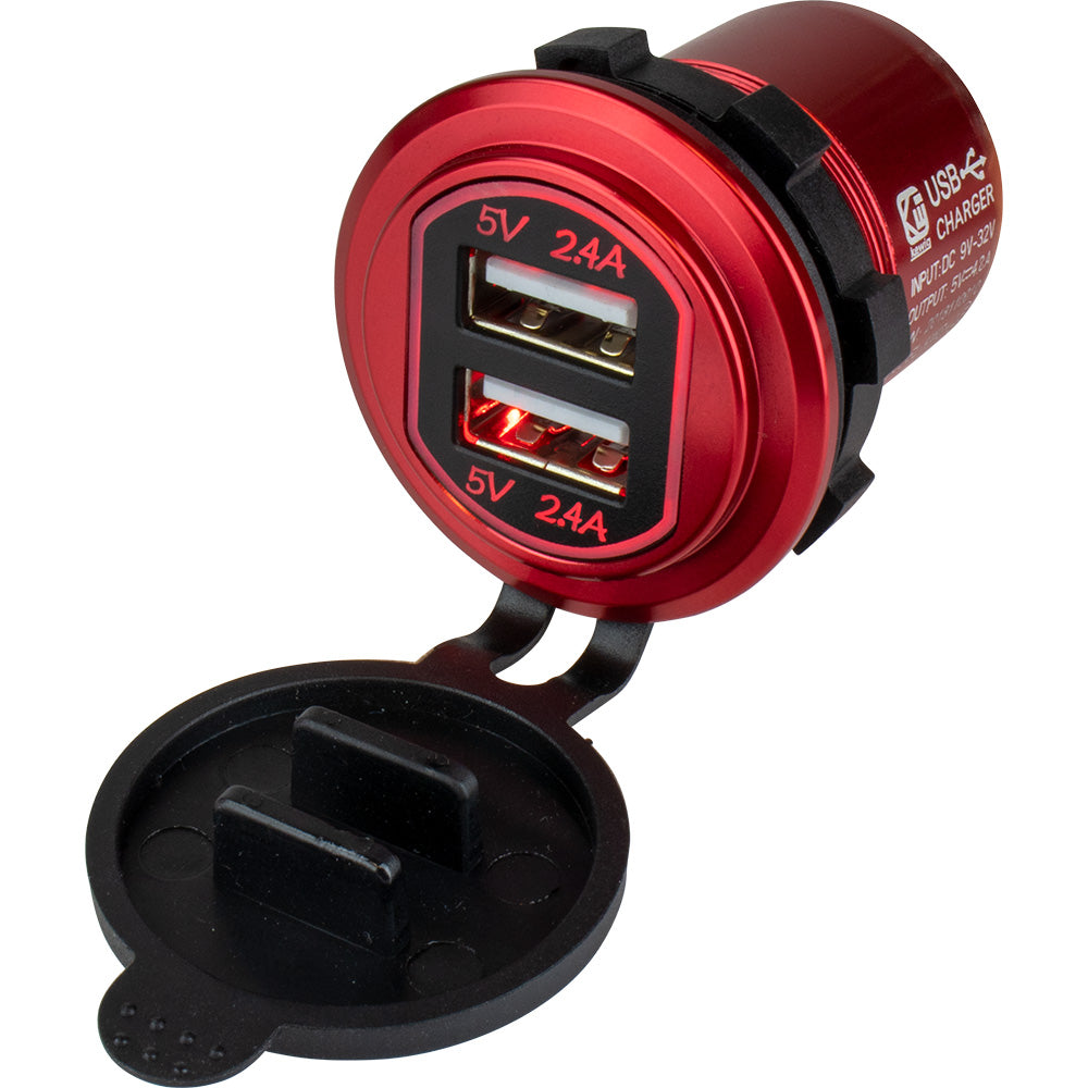 Sea-Dog 426504-1 Round Red Dual USB Charger w/1 Quick Charge Port +