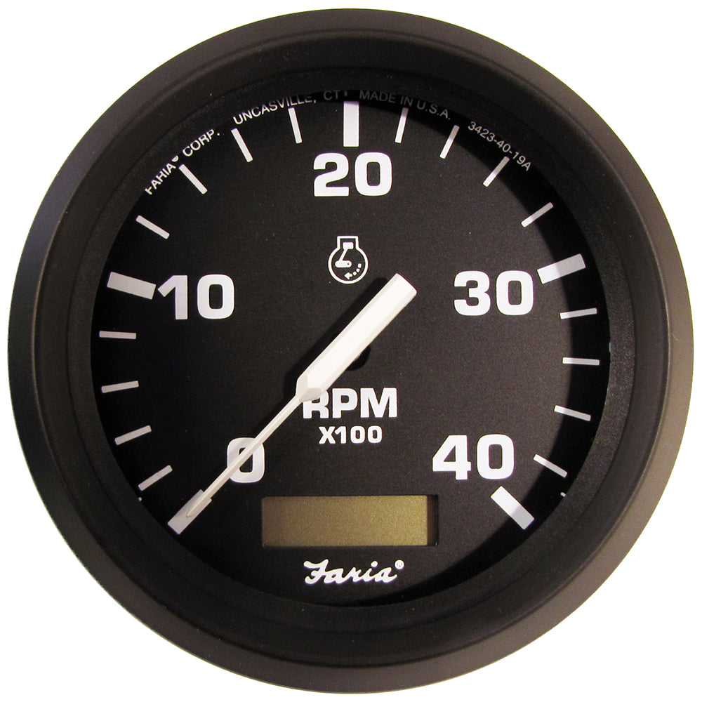 Faria 32834 Euro Black 4" Tachometer w/Hourmeter (4000 RPM) (Diesel)(Mech. Takeoff Var. Ratio Alt.)