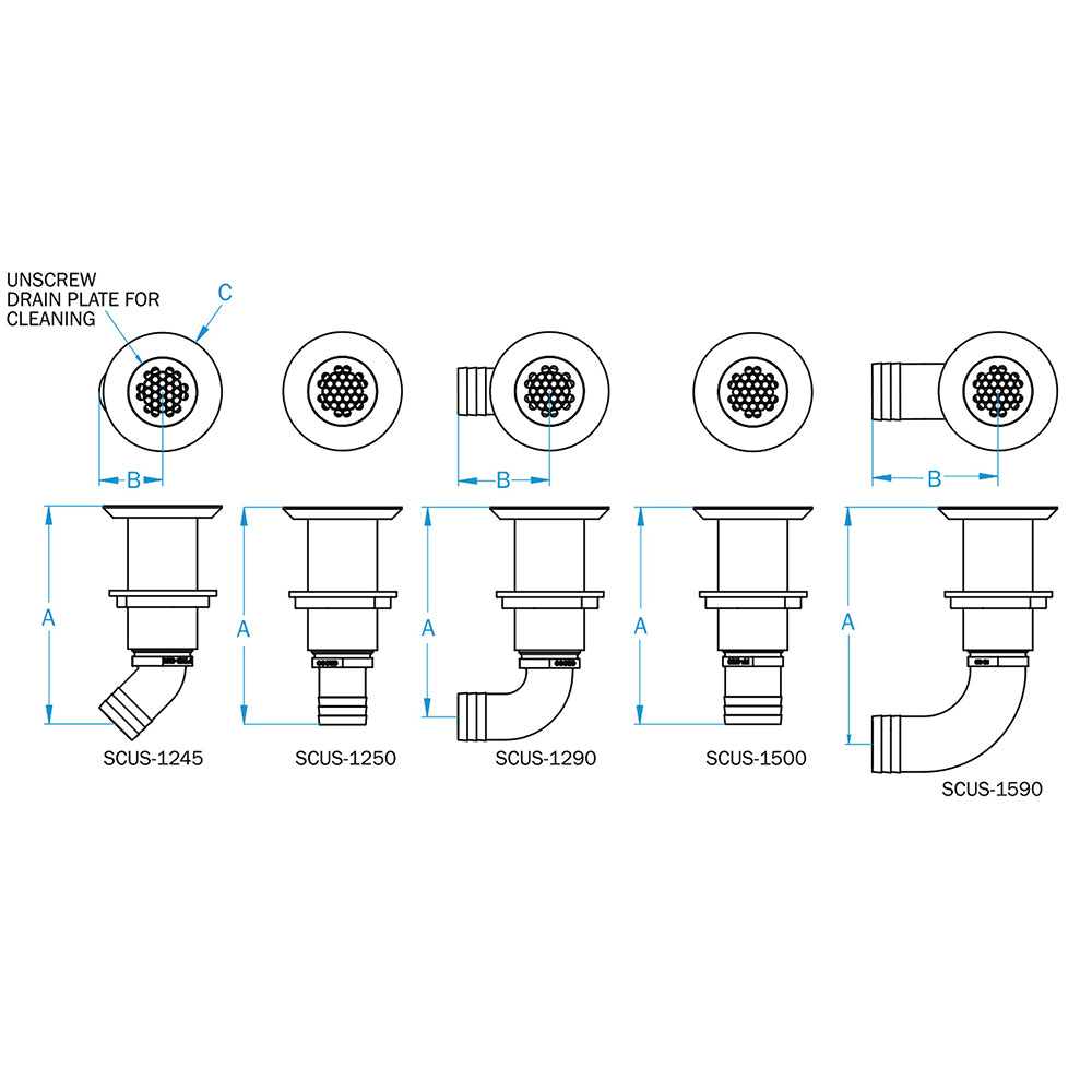 GROCO SCUS-1500 1-1/2" Hose Barb Stainless Straight Deck Drain