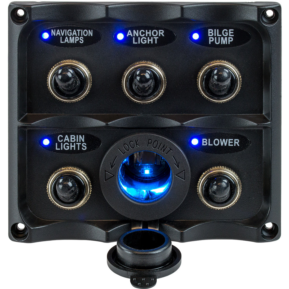 Sea-Dog 424627-1 Water Resistant Toggle Switch Panel w/LED Power Socket - 5 Toggle