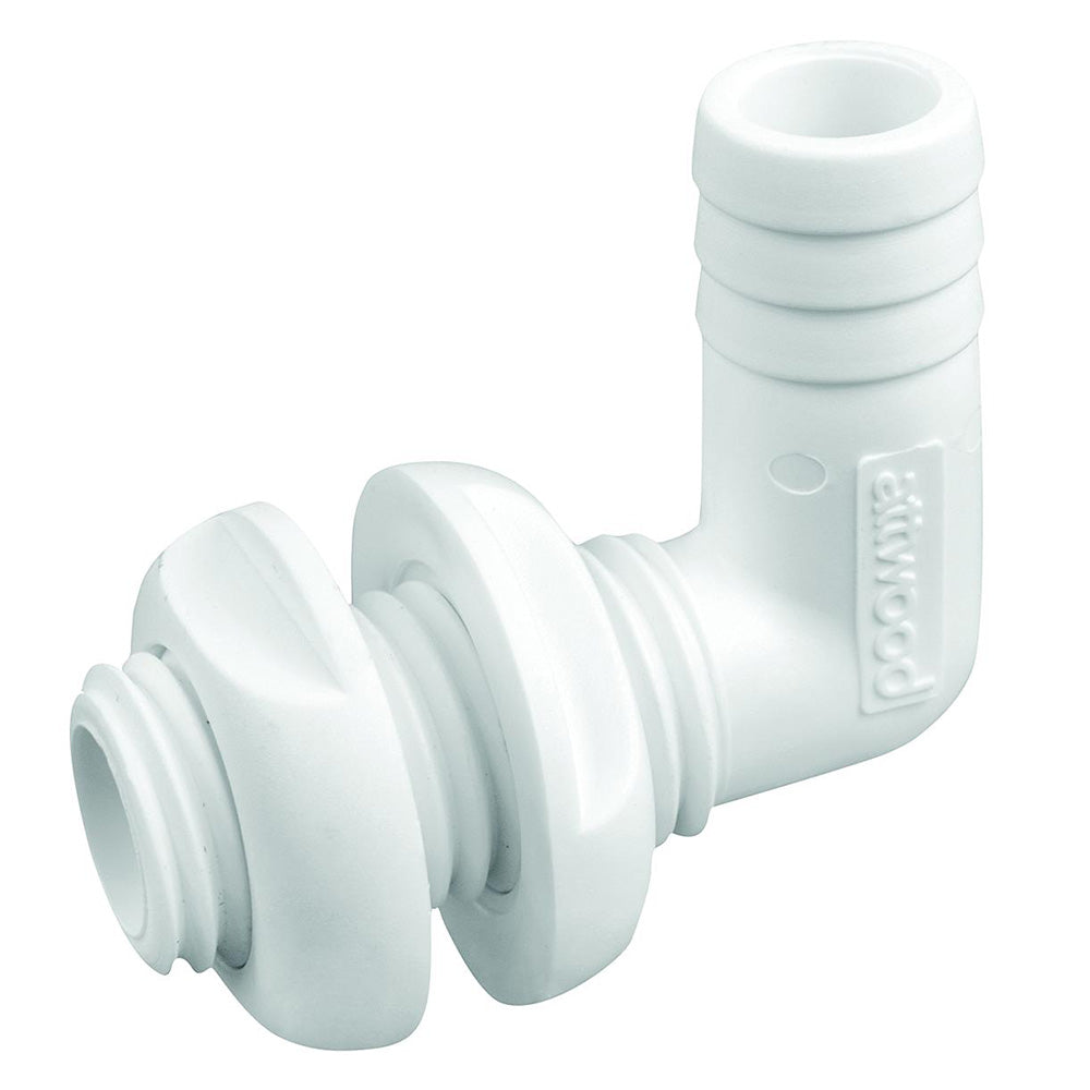 Attwood 3877-3 White Plastic 90 Degree Thru-Hull Connector - 3/4" Inner Diameter